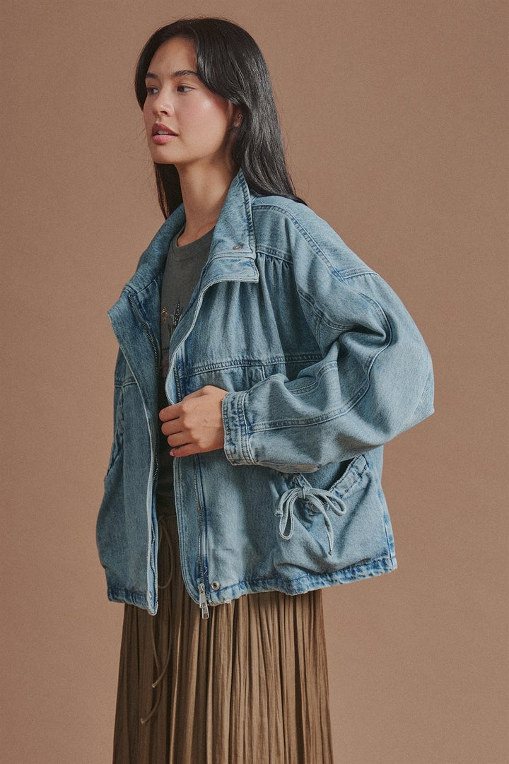 Vintage Washed Drawstring Denim Jacket with Stand Collar in Denim - Women's Wholesale Fashion | Trend Notes