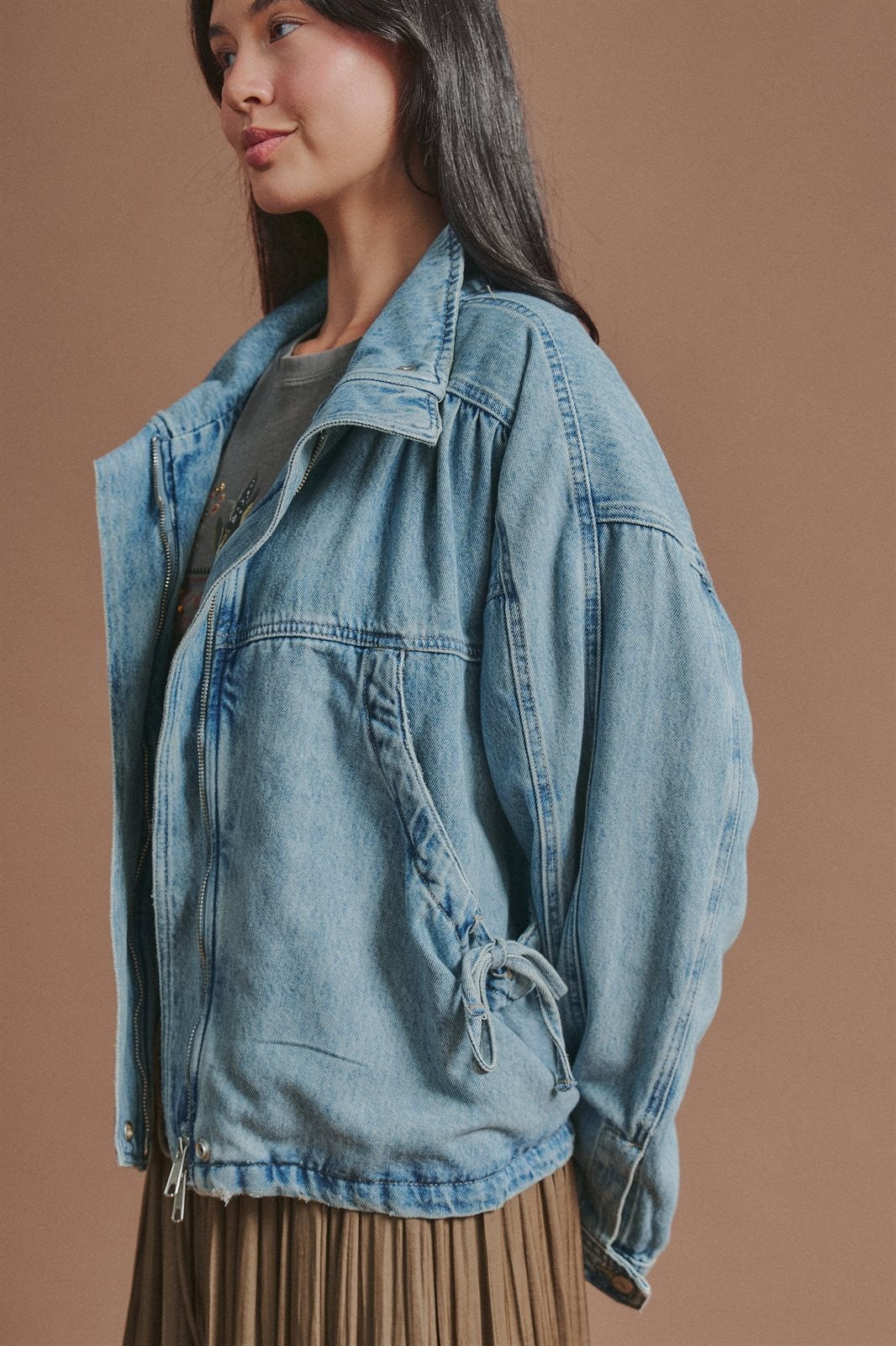 Vintage Washed Drawstring Denim Jacket with Stand Collar in Denim - Women's Wholesale Fashion | Trend Notes