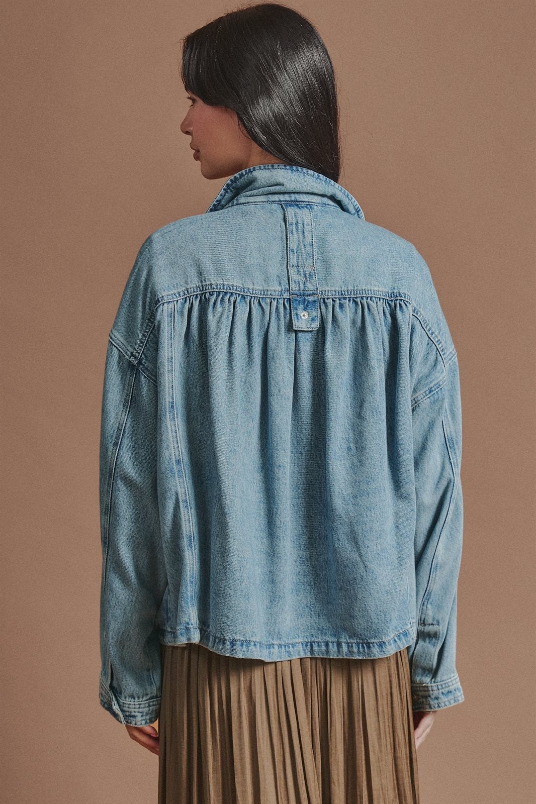 Vintage Washed Drawstring Denim Jacket with Stand Collar in Denim - Women's Wholesale Fashion | Trend Notes