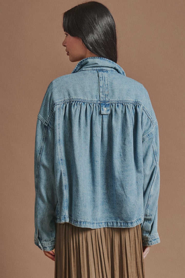 Vintage Washed Drawstring Denim Jacket with Stand Collar in Denim - Women's Wholesale Fashion | Trend Notes