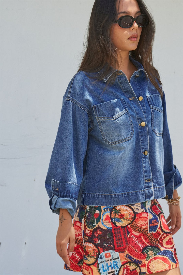 Vintage Wash Denim Shirt Jacket with Gold Buttons in Denim Blue - Women's Wholesale Fashion | Trend Notes