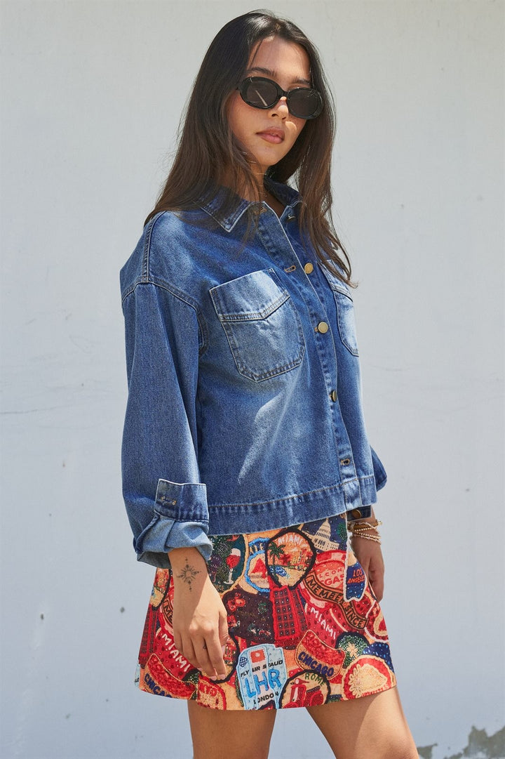 Vintage Wash Denim Shirt Jacket with Gold Buttons in Denim Blue - Women's Wholesale Fashion | Trend Notes