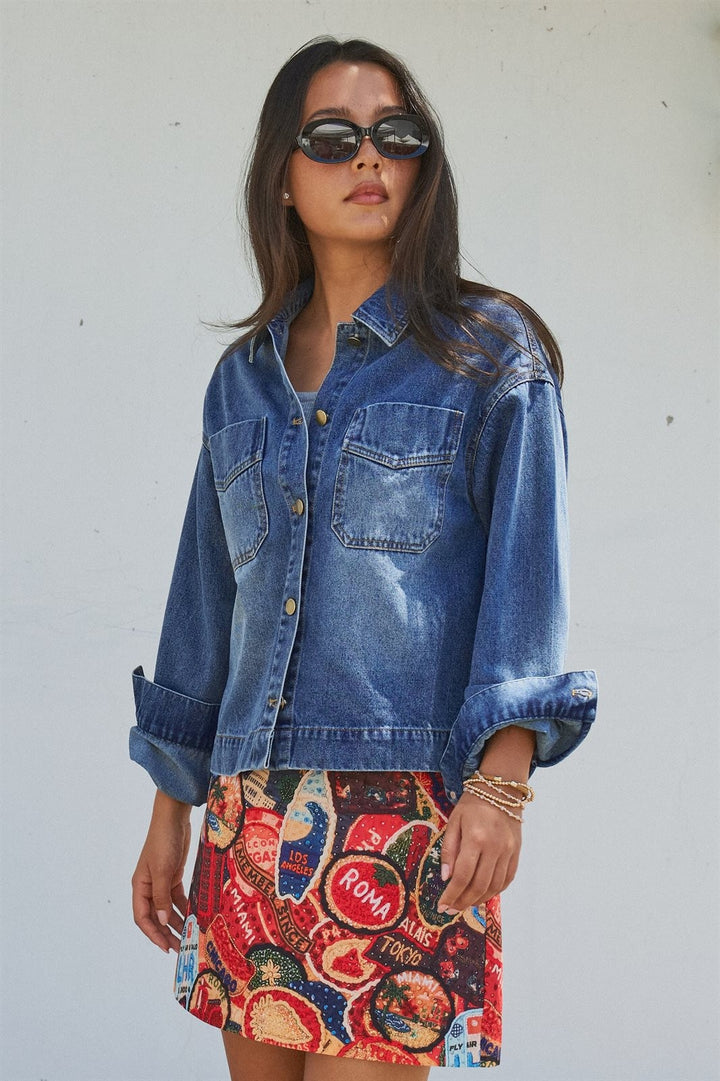 Vintage Wash Denim Shirt Jacket with Gold Buttons in Denim Blue - Women's Wholesale Fashion | Trend Notes