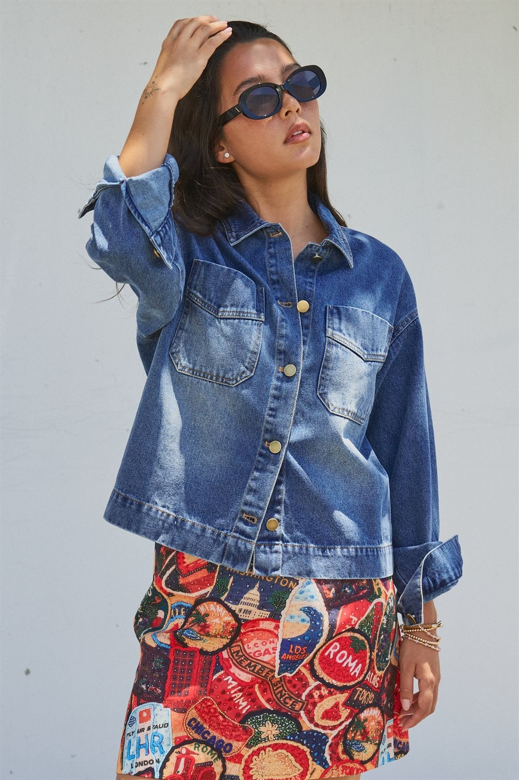 Vintage Wash Denim Shirt Jacket with Gold Buttons in Denim Blue - Women's Wholesale Fashion | Trend Notes