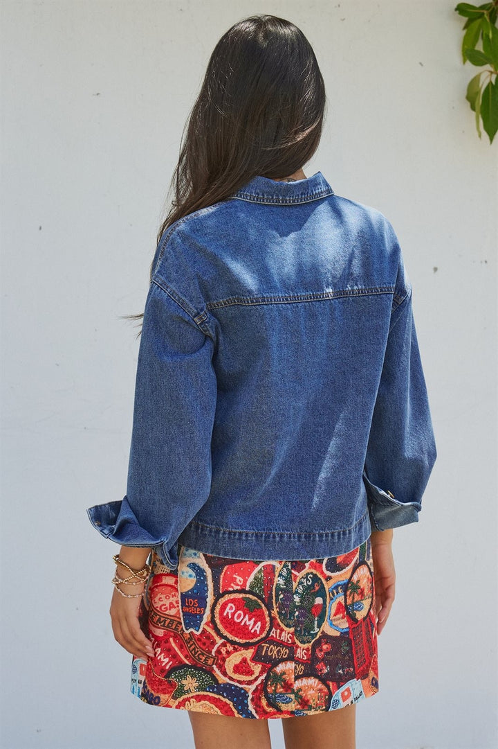 Vintage Wash Denim Shirt Jacket with Gold Buttons in Denim Blue - Women's Wholesale Fashion | Trend Notes