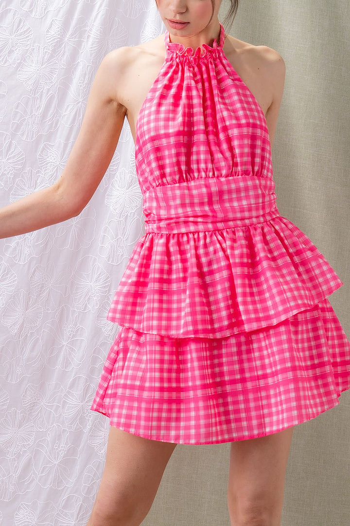 Pink Gingham Tiered Halter Mini Dress in Blue - Women's Wholesale Cocktail Dresses | Trend Notes