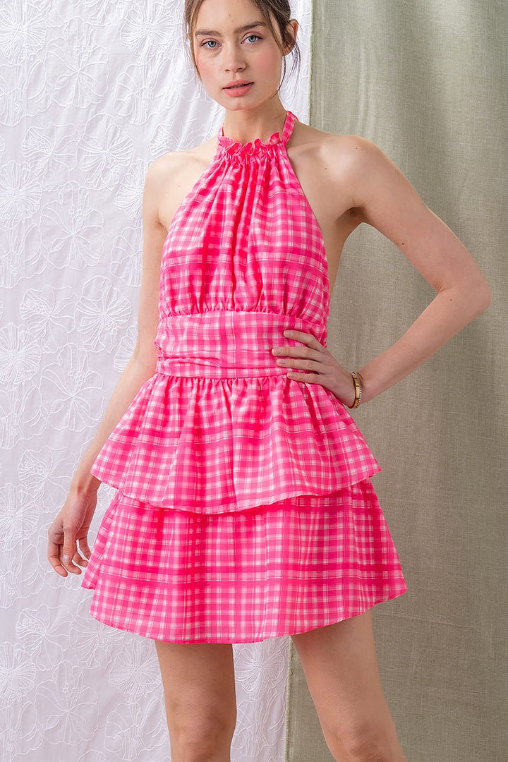 Pink Gingham Tiered Halter Mini Dress in Blue - Women's Wholesale Cocktail Dresses | Trend Notes