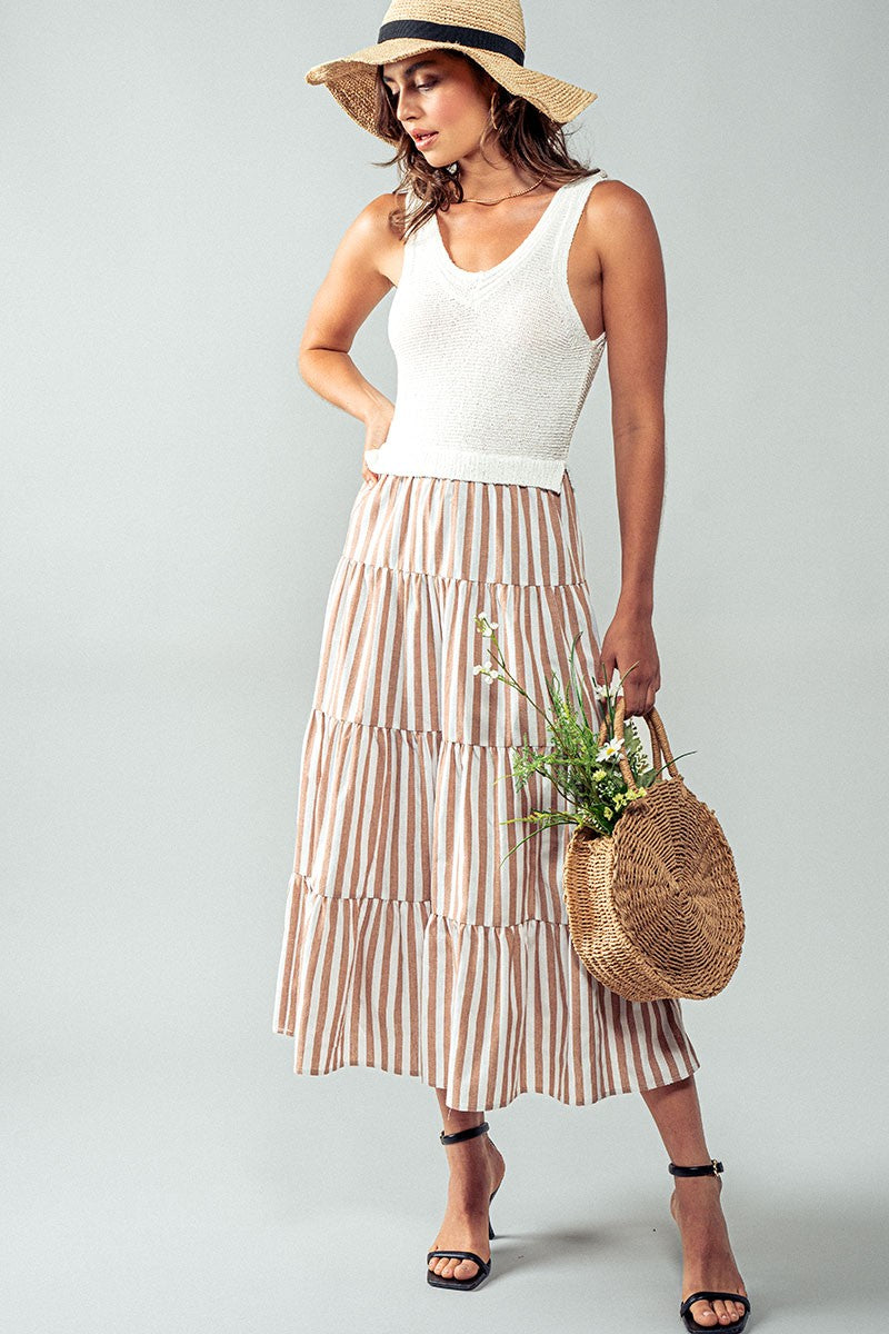 Striped Maxi Dress with Knit Vest Top in Khaki - Women's Wholesale Casual Dresses | Trend Notes