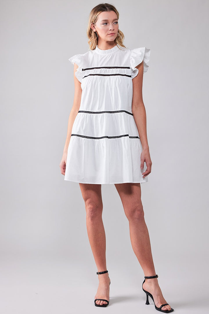 White Boho Ruffle Mini Dress with Lace Trim in Black - Women's Wholesale Cocktail Dresses | Trend Notes