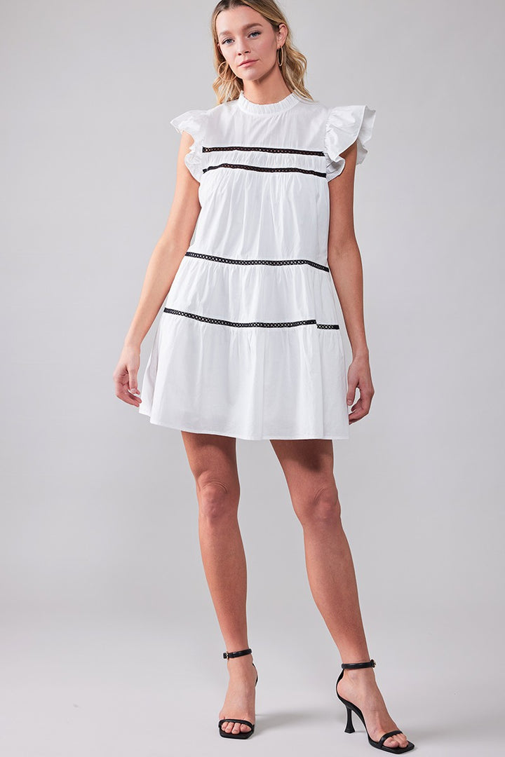 White Boho Ruffle Mini Dress with Lace Trim in Black - Women's Wholesale Cocktail Dresses | Trend Notes