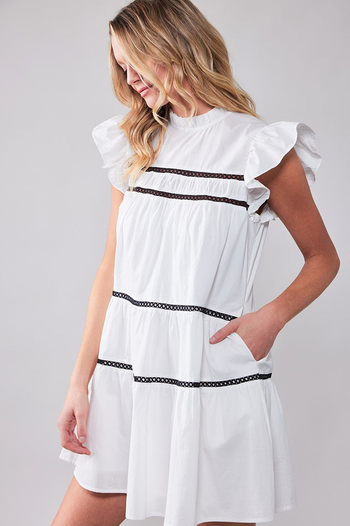 White Boho Ruffle Mini Dress with Lace Trim in Black - Women's Wholesale Cocktail Dresses | Trend Notes