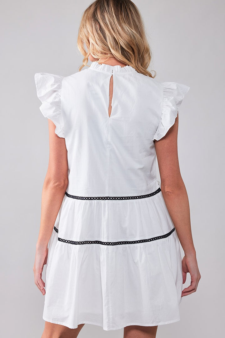 White Boho Ruffle Mini Dress with Lace Trim in Black - Women's Wholesale Cocktail Dresses | Trend Notes