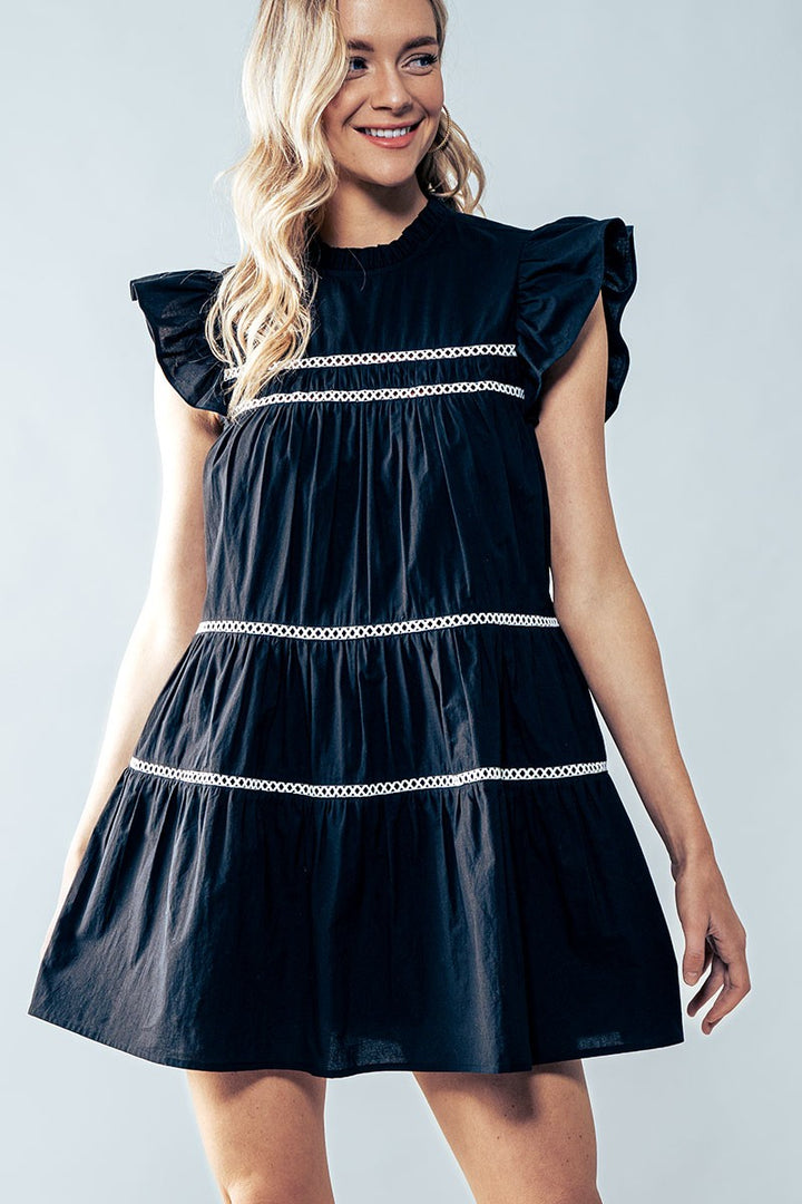 White Boho Ruffle Mini Dress with Lace Trim in Black - Women's Wholesale Cocktail Dresses | Trend Notes