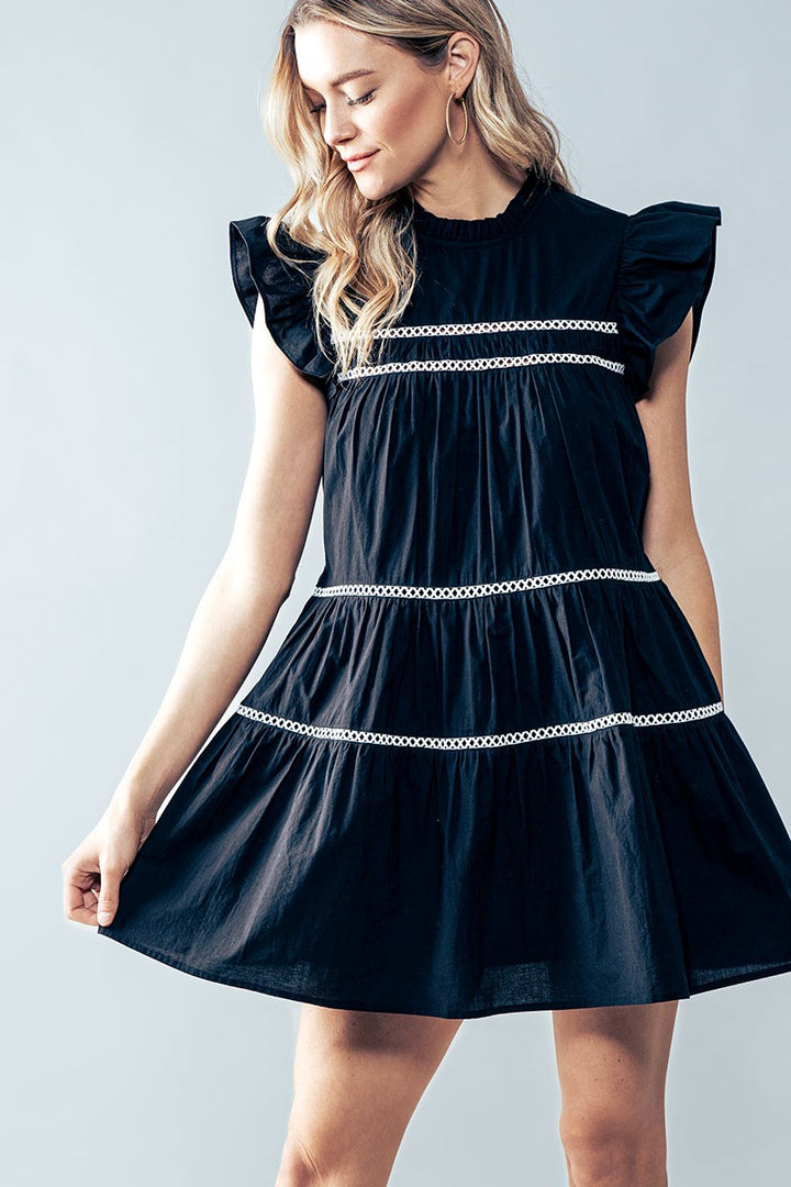 White Boho Ruffle Mini Dress with Lace Trim in Black - Women's Wholesale Cocktail Dresses | Trend Notes