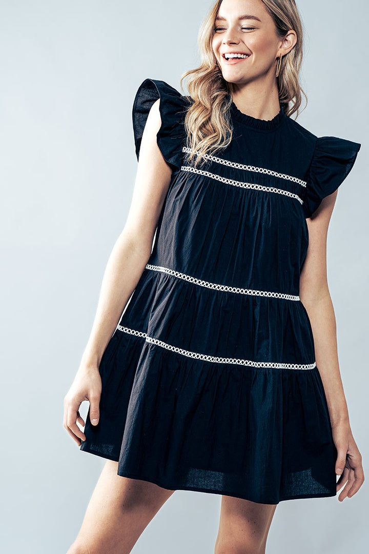 White Boho Ruffle Mini Dress with Lace Trim in Black - Women's Wholesale Cocktail Dresses | Trend Notes