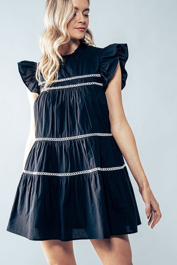 White Boho Ruffle Mini Dress with Lace Trim in Black - Women's Wholesale Cocktail Dresses | Trend Notes