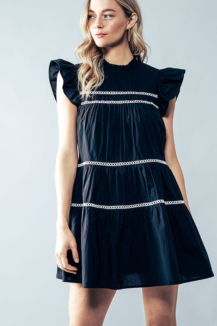 White Boho Ruffle Mini Dress with Lace Trim in Black - Women's Wholesale Cocktail Dresses | Trend Notes