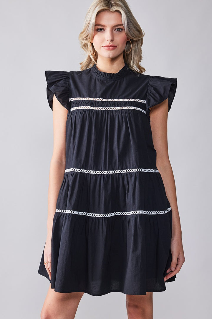 White Boho Ruffle Mini Dress with Lace Trim in Black - Women's Wholesale Cocktail Dresses | Trend Notes