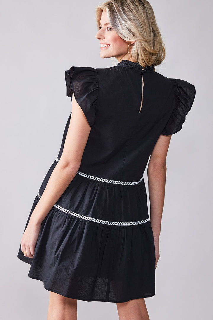 White Boho Ruffle Mini Dress with Lace Trim in Black - Women's Wholesale Cocktail Dresses | Trend Notes