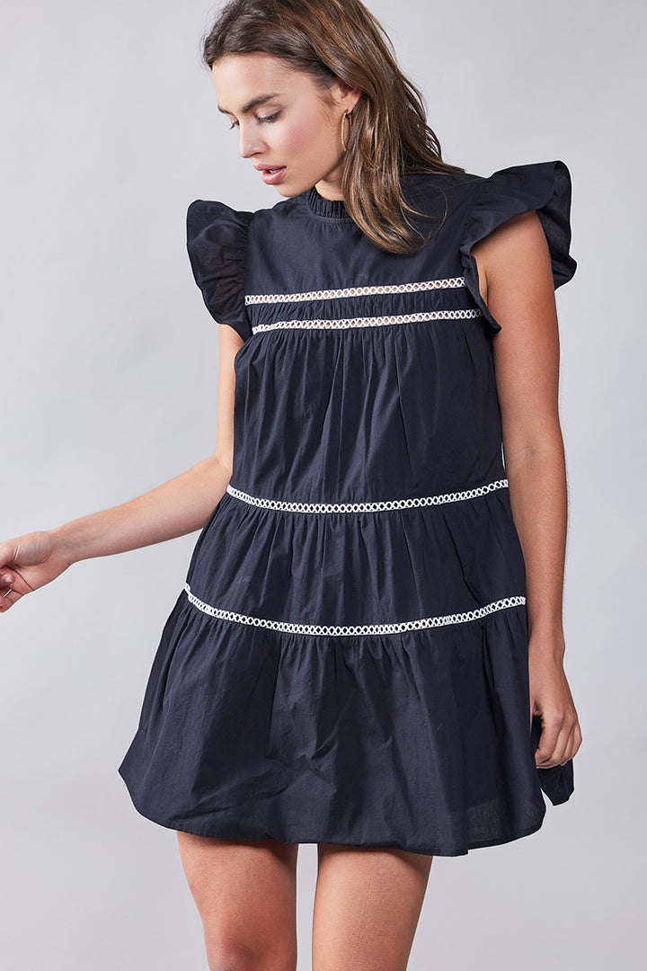White Boho Ruffle Mini Dress with Lace Trim in Black - Women's Wholesale Cocktail Dresses | Trend Notes