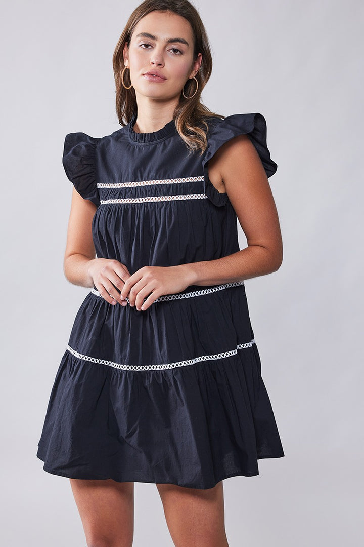 White Boho Ruffle Mini Dress with Lace Trim in Black - Women's Wholesale Cocktail Dresses | Trend Notes