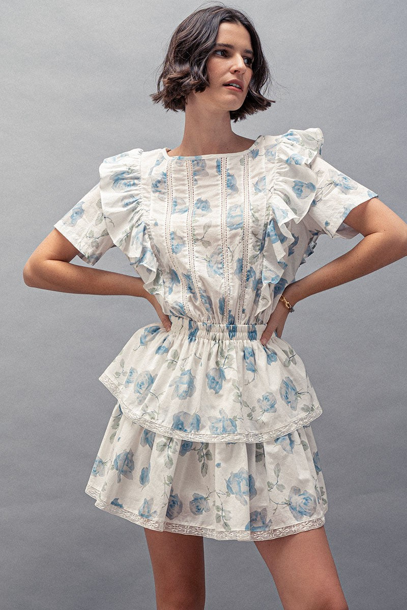 Floral Ruffle Tiered Short Dress with Blue Roses in Ivory - Women's Wholesale Casual Dresses | Trend Notes