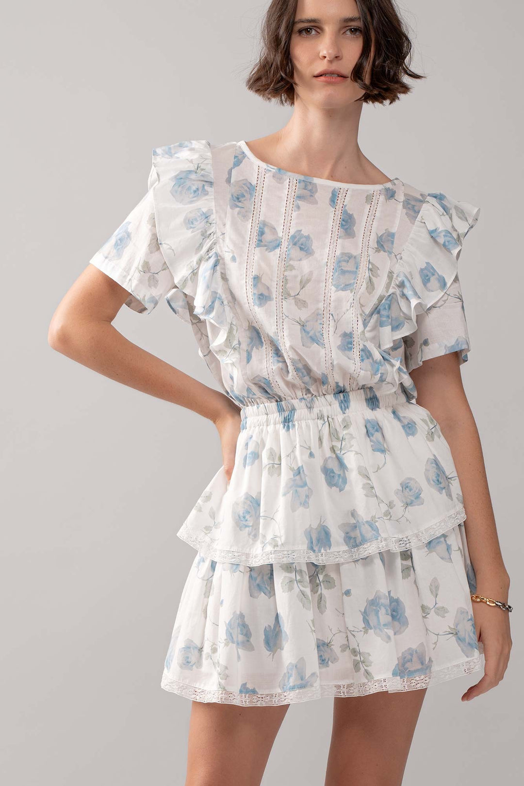 Floral Ruffle Tiered Short Dress with Blue Roses in Ivory - Women's Wholesale Casual Dresses | Trend Notes