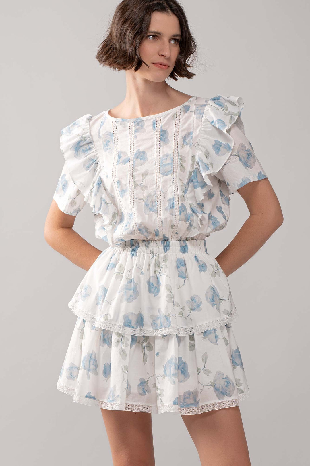 Floral Ruffle Tiered Short Dress with Blue Roses in Ivory - Women's Wholesale Casual Dresses | Trend Notes