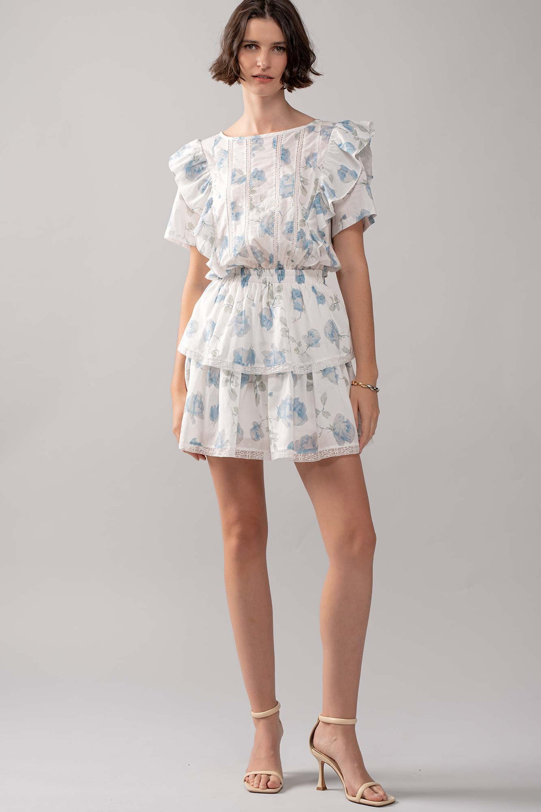 Floral Ruffle Tiered Short Dress with Blue Roses in Ivory - Women's Wholesale Casual Dresses | Trend Notes