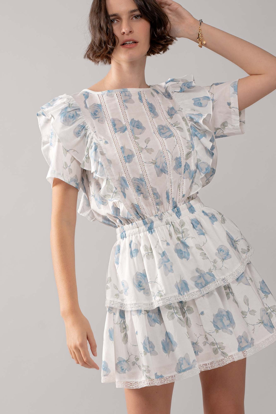 Floral Ruffle Tiered Short Dress with Blue Roses in Ivory - Women's Wholesale Casual Dresses | Trend Notes