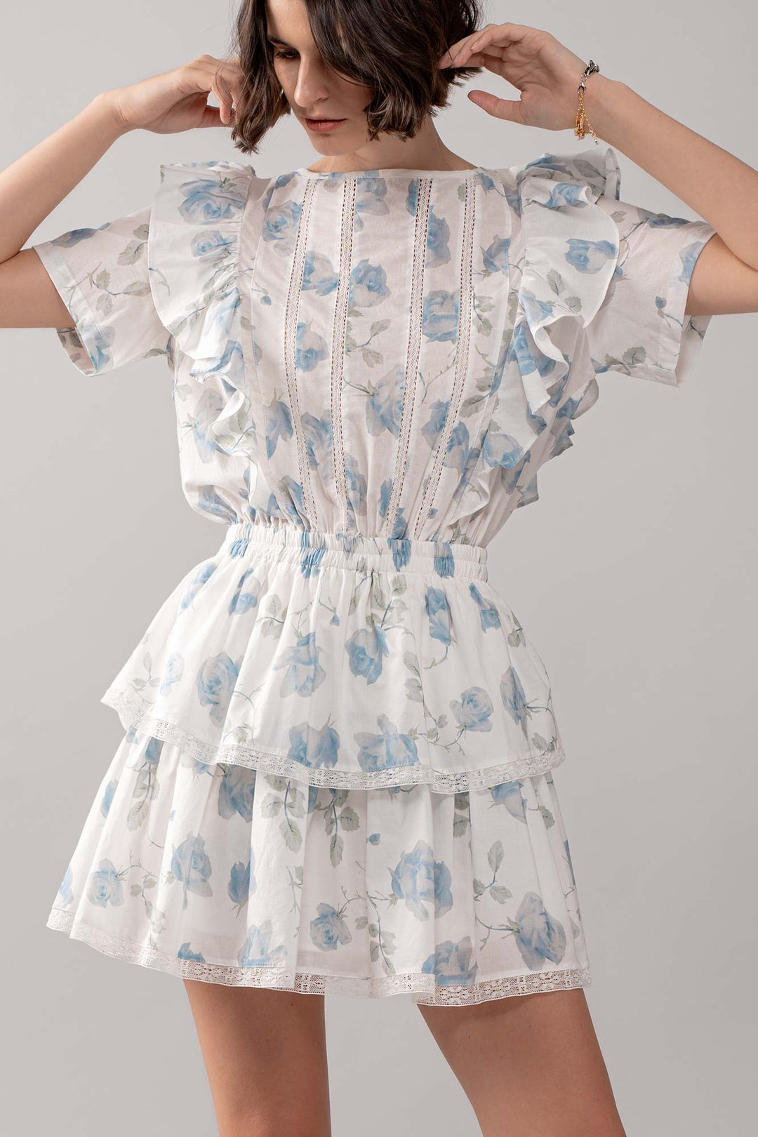 Floral Ruffle Tiered Short Dress with Blue Roses in Ivory - Women's Wholesale Casual Dresses | Trend Notes