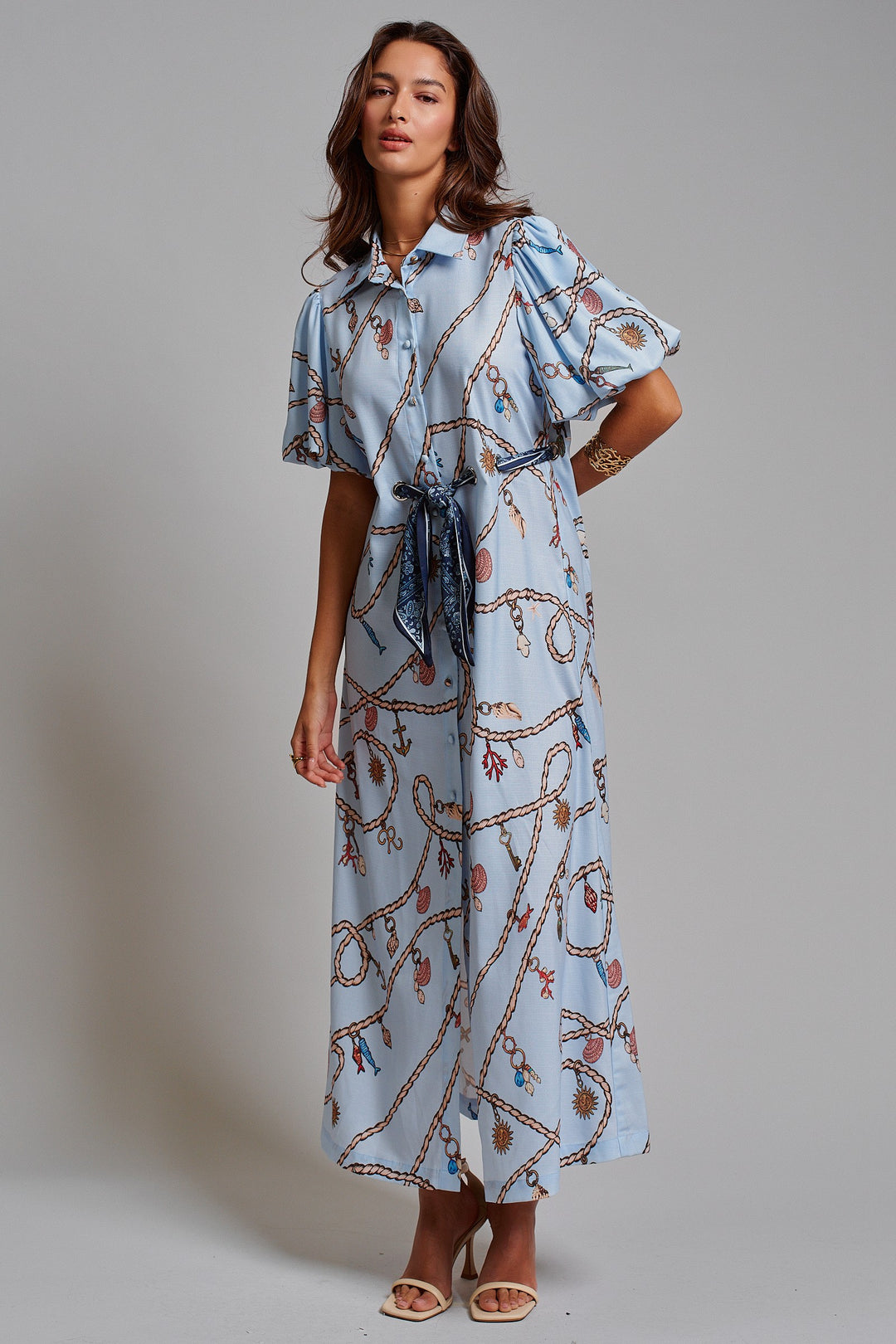Portofino Rope Scarf Tie Midi Shirt Dress in Lt Blue - Women's Wholesale Dresses | Trend Notes