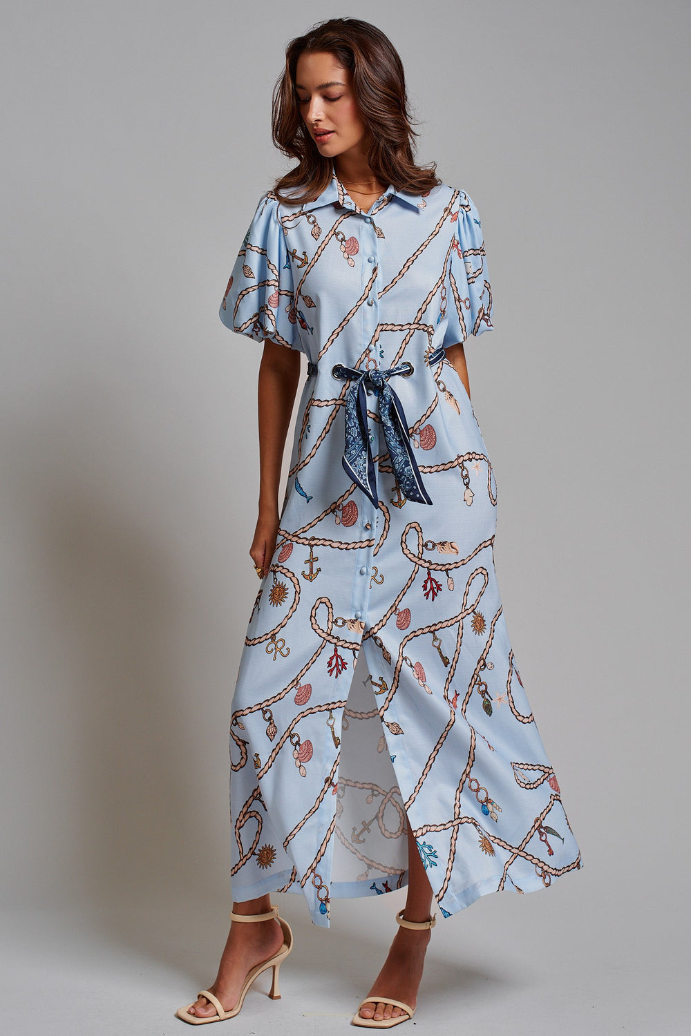 Portofino Rope Scarf Tie Midi Shirt Dress in Lt Blue - Women's Wholesale Dresses | Trend Notes