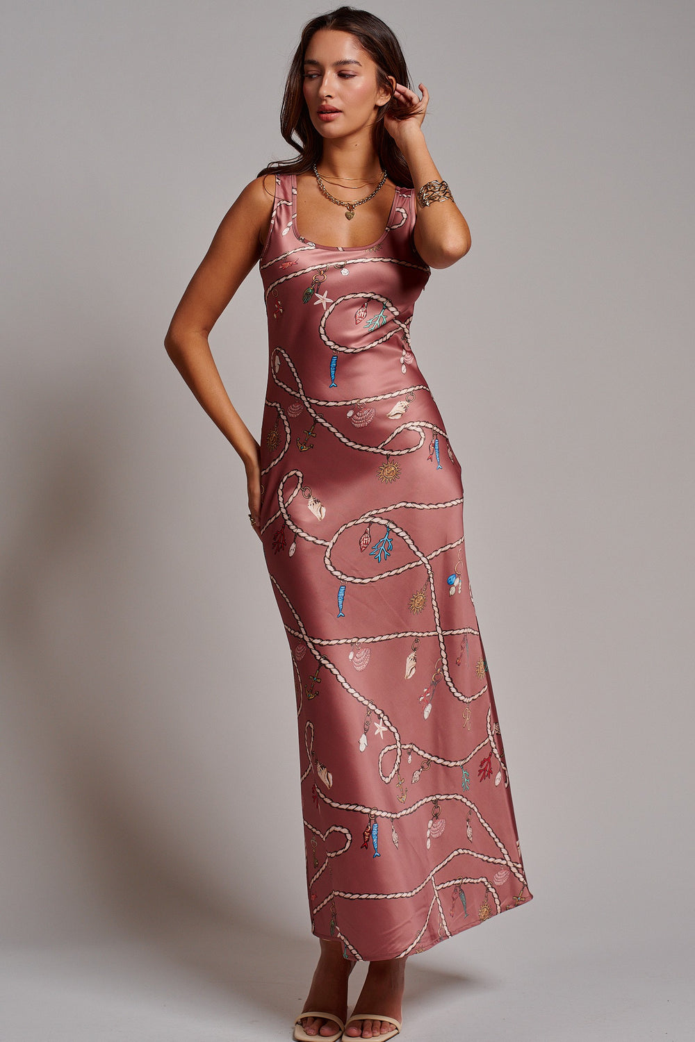 Portofino Rope Print Satin Slip Dress in Brown - Women's Wholesale Dresses | Trend Notes
