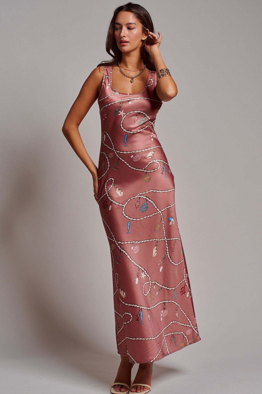 Portofino Rope Print Satin Slip Dress in Brown - Women's Wholesale Dresses | Trend Notes