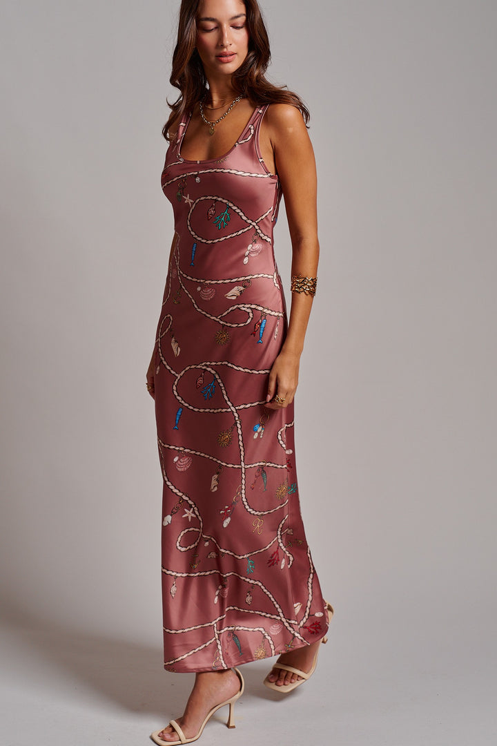 Portofino Rope Print Satin Slip Dress in Brown - Women's Wholesale Dresses | Trend Notes