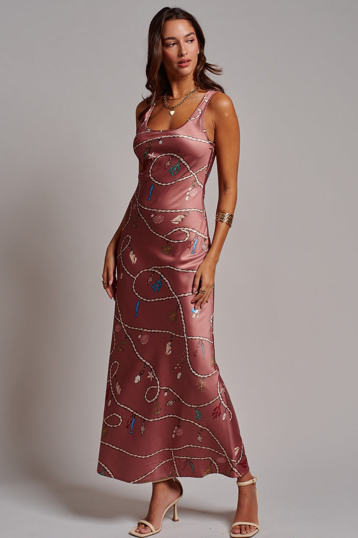 Portofino Rope Print Satin Slip Dress in Brown - Women's Wholesale Dresses | Trend Notes