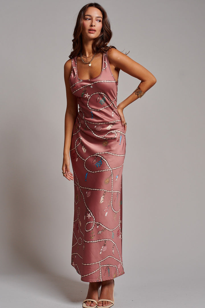 Portofino Rope Print Satin Slip Dress in Brown - Women's Wholesale Dresses | Trend Notes