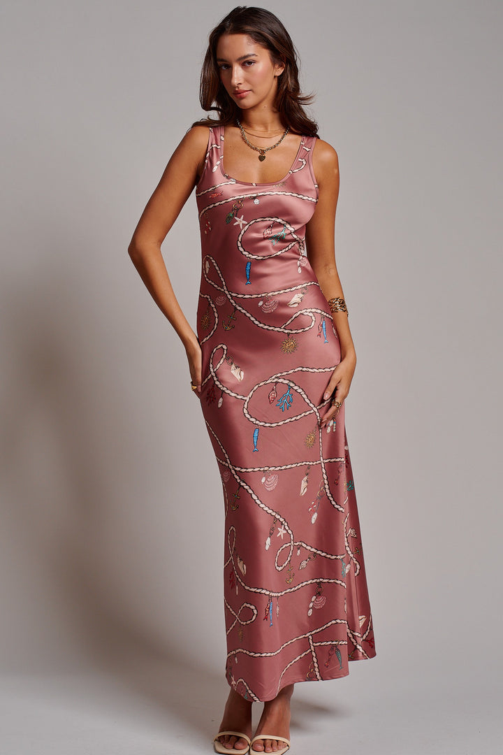 Portofino Rope Print Satin Slip Dress in Brown - Women's Wholesale Dresses | Trend Notes
