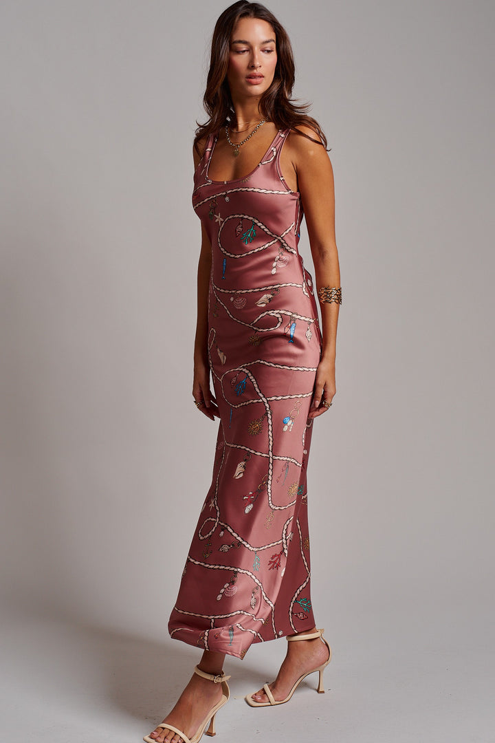 Portofino Rope Print Satin Slip Dress in Brown - Women's Wholesale Dresses | Trend Notes