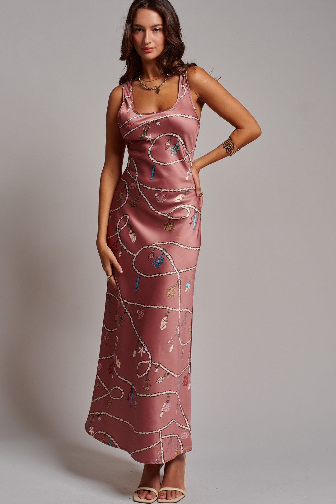 Portofino Rope Print Satin Slip Dress in Brown - Women's Wholesale Dresses | Trend Notes