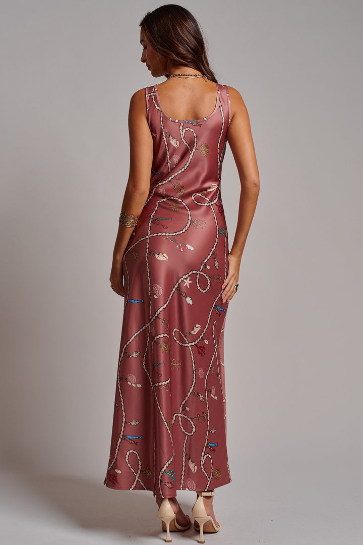Portofino Rope Print Satin Slip Dress in Brown - Women's Wholesale Dresses | Trend Notes