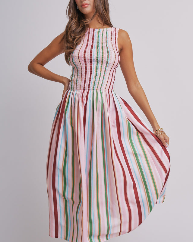 Candy Stripe Smocked Midi Dress in Multi - Women's Wholesale Dresses | Trend Notes