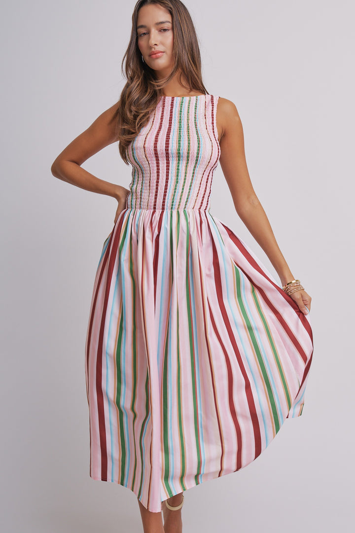 Candy Stripe Smocked Midi Dress in Multi - Women's Wholesale Dresses | Trend Notes