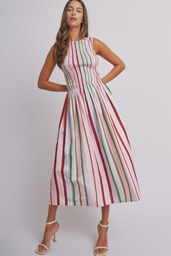 Candy Stripe Smocked Midi Dress in Multi - Women's Wholesale Dresses | Trend Notes