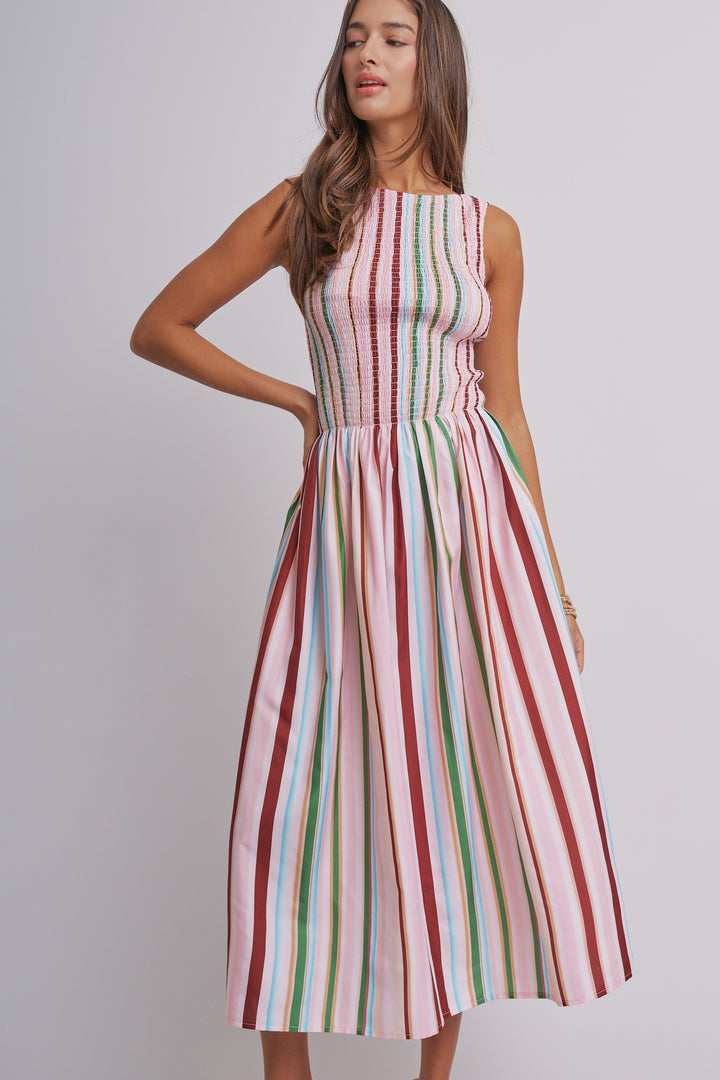 Candy Stripe Smocked Midi Dress in Multi - Women's Wholesale Dresses | Trend Notes