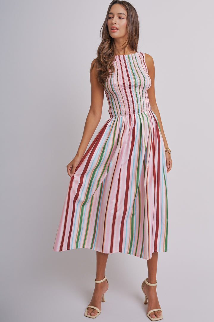 Candy Stripe Smocked Midi Dress in Multi - Women's Wholesale Dresses | Trend Notes