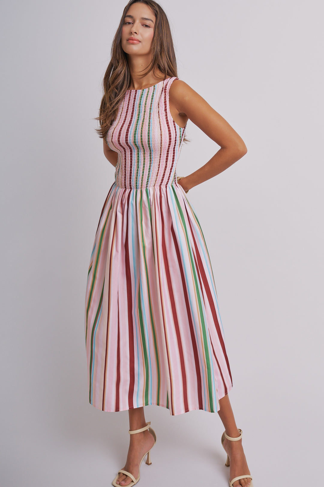 Candy Stripe Smocked Midi Dress in Multi - Women's Wholesale Dresses | Trend Notes