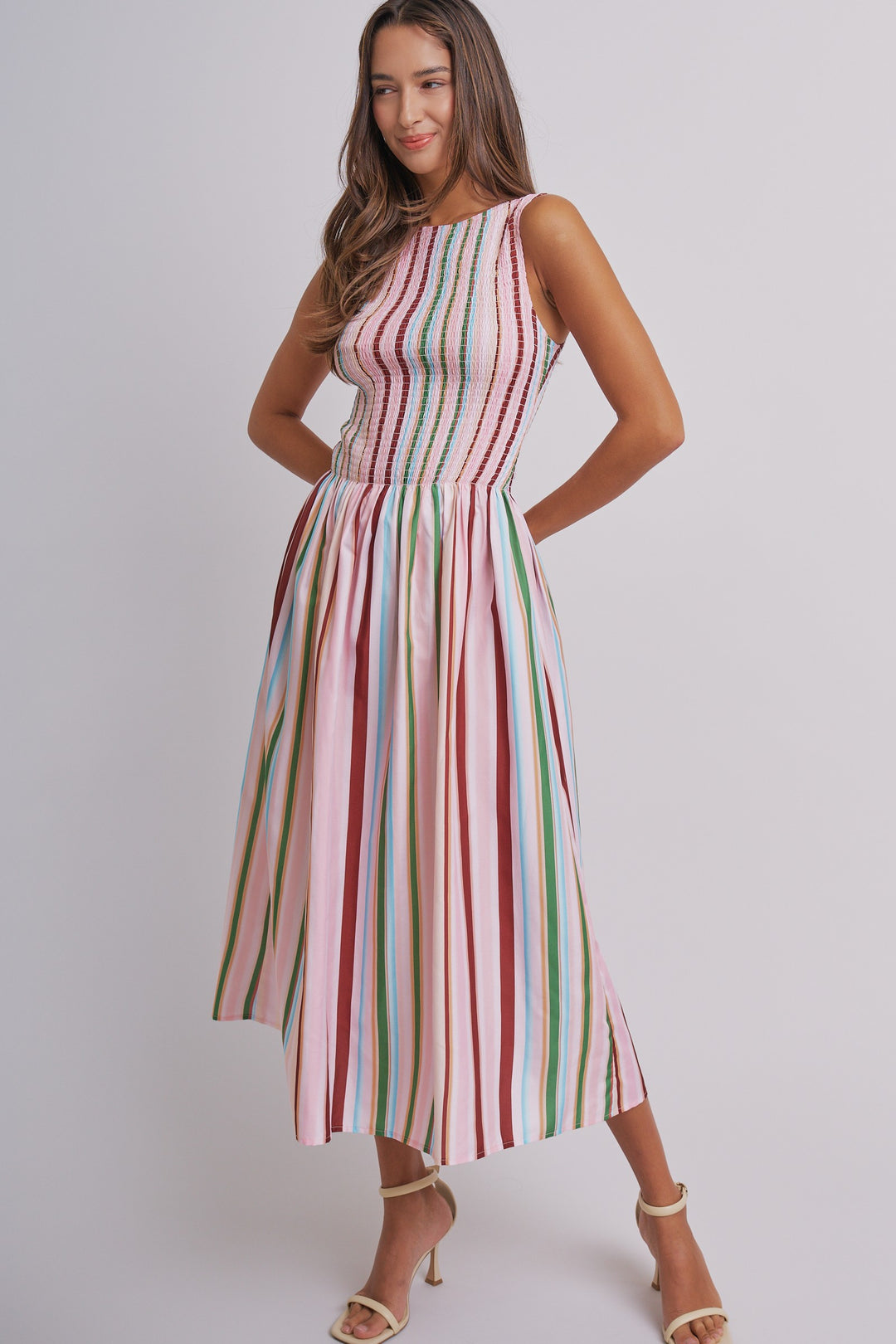 Candy Stripe Smocked Midi Dress in Multi - Women's Wholesale Dresses | Trend Notes