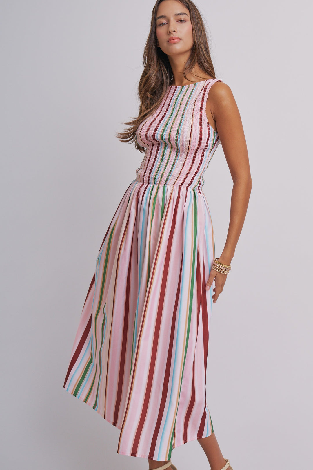Candy Stripe Smocked Midi Dress in Multi - Women's Wholesale Dresses | Trend Notes